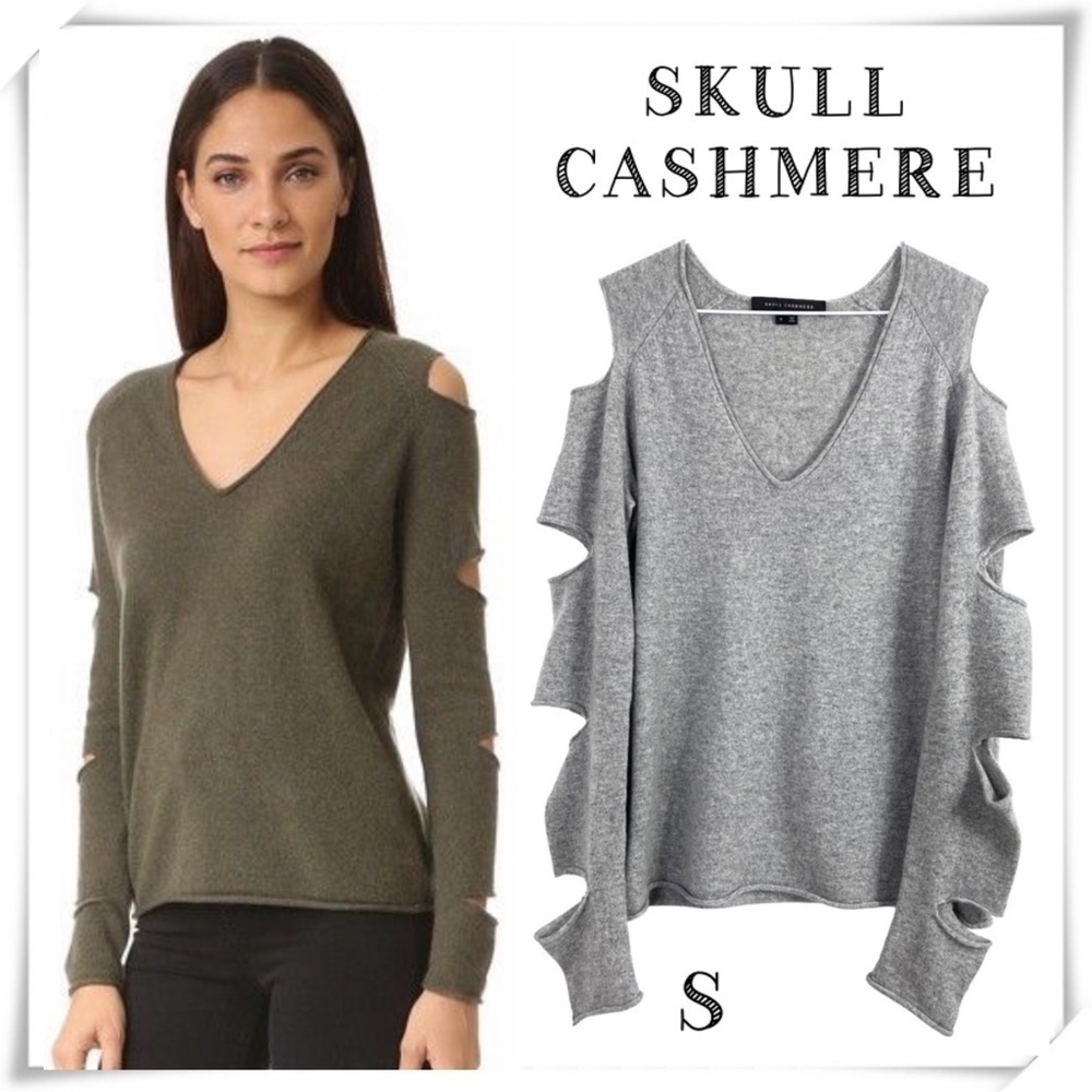 SKULL Cashmere Slash Arm Cut Sleeve V-Neck Sweater in Light Gray Size S